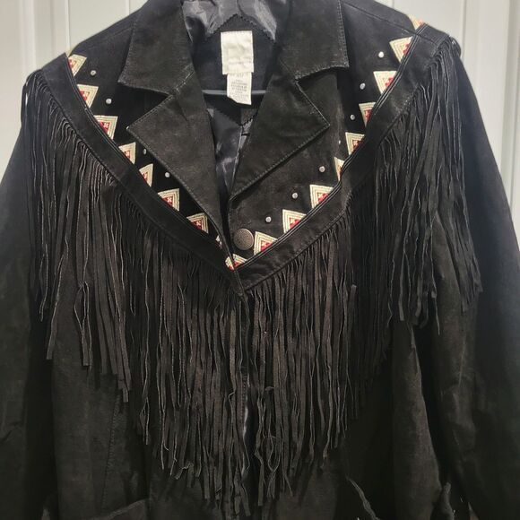 Black Western Suede Leather Fringe Jacket Embroidered Roamans Womens  Sz 18W - Picture 4 of 14